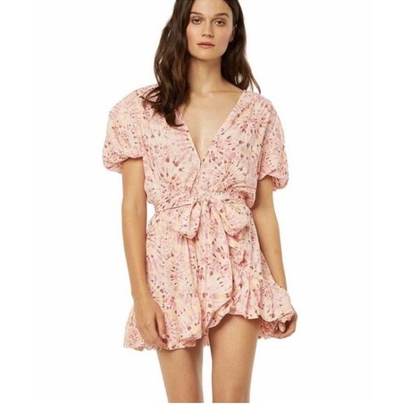 Misa Los Angeles Dresses & Skirts - MISA Eloise Pink Tie Waist Puff Sleeve Ruffle Hem Boho Mini Dress Sz M
